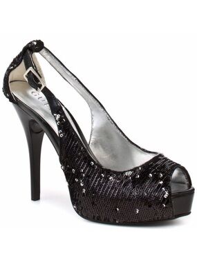 GUESS Flip Sequin Color Change Peep Toe Platform Heels Black Sparkly Evening 7.5